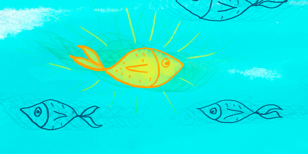 En stillbild från en tecknat film om en liten fisk som är modig och simmar mot strömmen